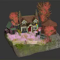Charming Cottage Style Building With Red Roof Green Pavilion White Fence And Lush Trees
