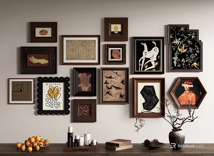 Stylish Photo Wall With Various Shaped Frames Artworks And Tabletop Oranges Candles Books Vase 3d model 