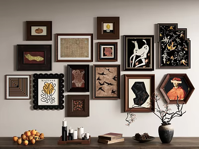 Stylish Photo Wall With Various Shaped Frames Artworks And Tabletop Oranges Candles Books Vase 3d model