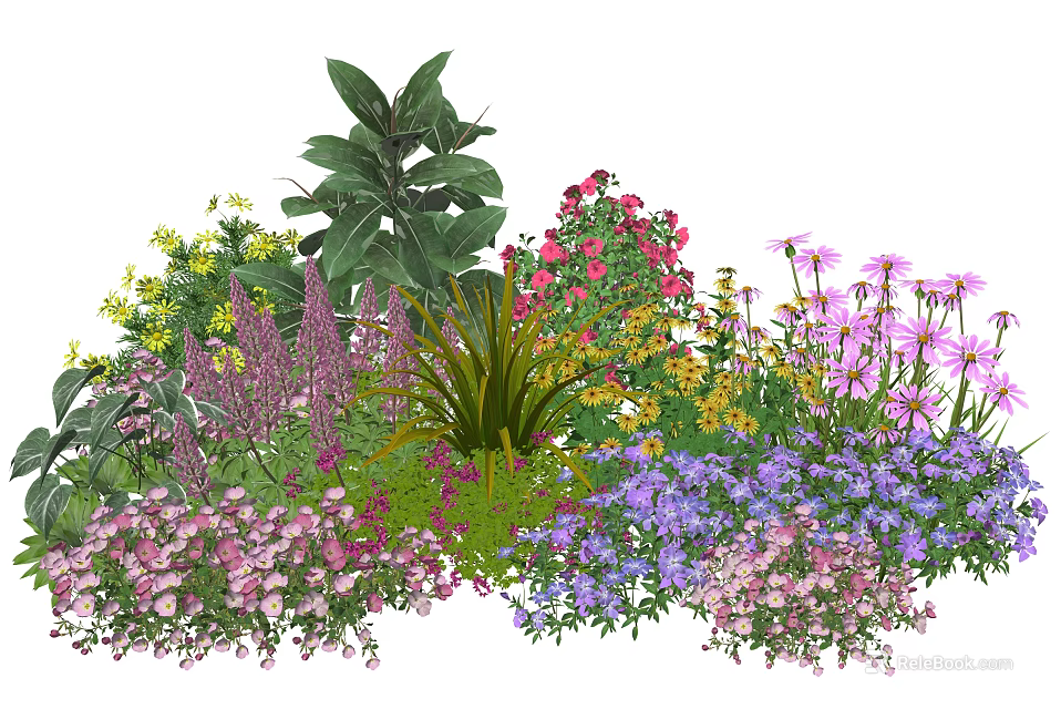 Colorful Garden Plant Combination With Pink Purple Yellow Flowers And Green Foliage 3d model 