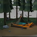 Forest Camping Natural Scene With Green Trees Canvas Tent Warm Light And Ground Stones