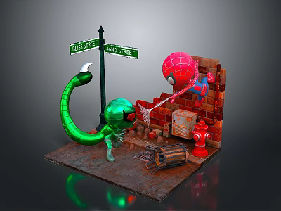 Spider Man Green Monster With Broad Main Street Signs Red Fire Hydrant Brick Wall Street 3d model