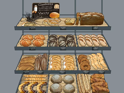 Fresh Bread Display on Shelves with Assorted Croissants Bagels and Loaves 3d model