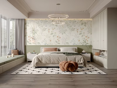 Elegant Bedroom Interior With Floral Wallpaper Wooden Floor Chandelier Area Rug And Window Curtains 3d model