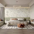 Elegant Bedroom Interior With Floral Wallpaper Wooden Floor Chandelier Area Rug And Window Curtains