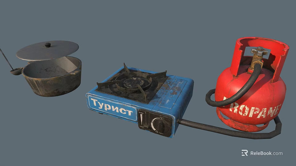 Industrial Gas Equipment Featuring Blue Stove Red Cylinder And Metal Container 3d model 