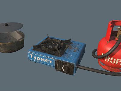 Industrial Gas Equipment Featuring Blue Stove Red Cylinder And Metal Container 3d model