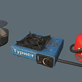 Industrial Gas Equipment Featuring Blue Stove Red Cylinder And Metal Container