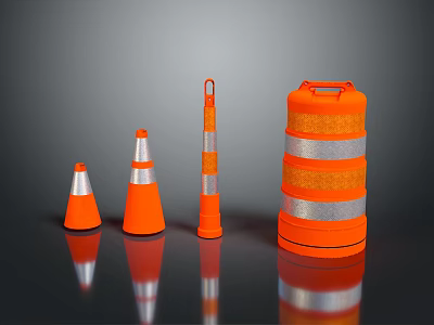 Road Safety Facilities Featuring Orange Traffic Cones And Reflective Drums With Silver Strips 3d model