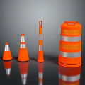 Road Safety Facilities Featuring Orange Traffic Cones And Reflective Drums With Silver Strips
