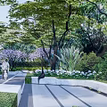 Residential Landscape Featuring Wooden Deck White Umbrella Seats And Green Garden Plants