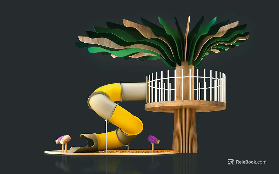 Tree Shaped Playground Equipment with Yellow Slide Top Platform and White Railings 3d model 