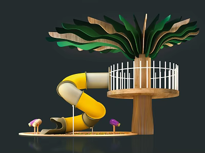 Tree Shaped Playground Equipment with Yellow Slide Top Platform and White Railings 3d model
