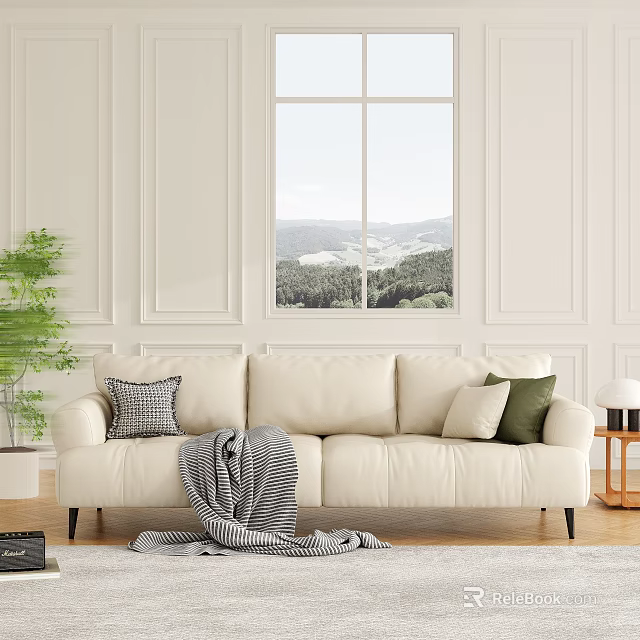 Spacious Beige Sofa with Plush Cushions Knitted Throw and Mountain View in Bright Living Room 3d model 