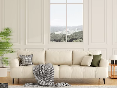 Spacious Beige Sofa with Plush Cushions Knitted Throw and Mountain View in Bright Living Room 3d model