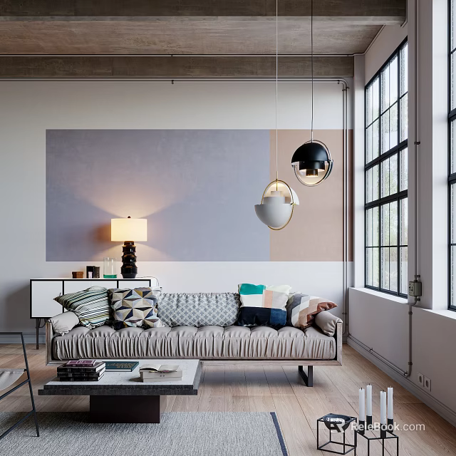 Modern Multi Seater Sofa With Decorative Pillows Coffee Table And Pendant Lights In Living Room 3d model 
