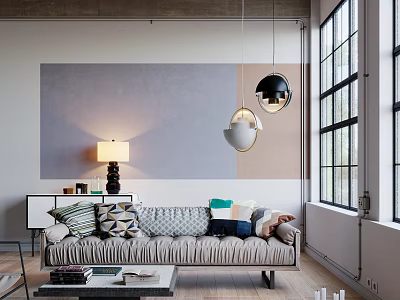 Modern Multi Seater Sofa With Decorative Pillows Coffee Table And Pendant Lights In Living Room 3d model