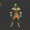 Game And Movie Character With Golden Hair Colorful Armored Outfit Blue Gloves And Orange Shorts