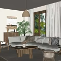 Modern Living Room Interior With Comfortable Sofa Wooden Coffee Table And Woven Pendant Light