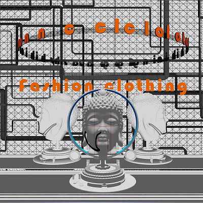 Buddha Head Sculpture With Metal Framework And Fashion Clothing Text Design 3d model