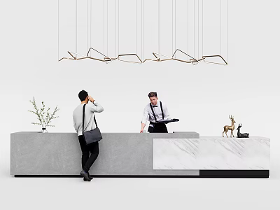 Elegant Reception Desk With Gray Marble Countertop Plants Deer Decor Hanging Lights Receptionist Guest 3d model