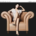Woman Sitting On Beige Armchair Wearing White Top Denim Shorts Black High Heels Black Background