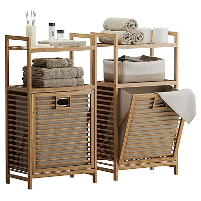 Bamboo Bathroom Cabinet Rack With Multi Tier Storage Baskets For Towels And Toiletries 3d model