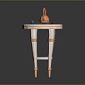 Elegant Round Side Table With White Gold Accents Tray Copper Teapot And Blue Cup