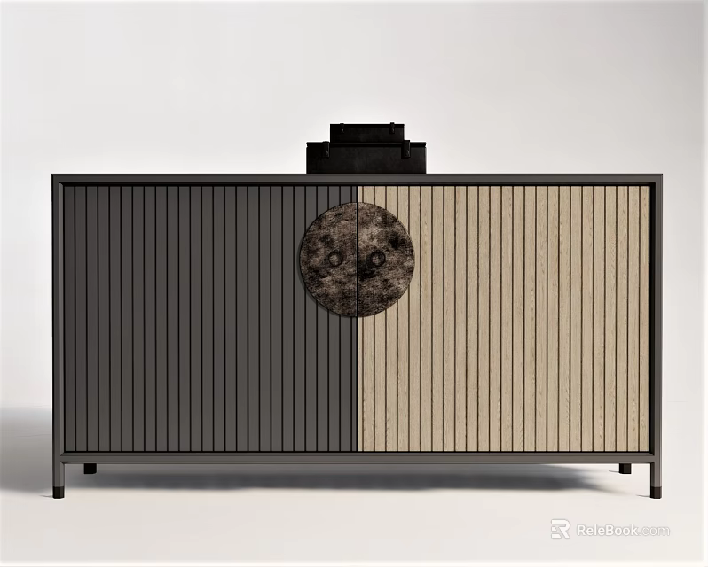 Modern Two Tone Entryway Console Cabinet Sideboard Featuring Vertical Stripes And Round Decorative Panel 3d model