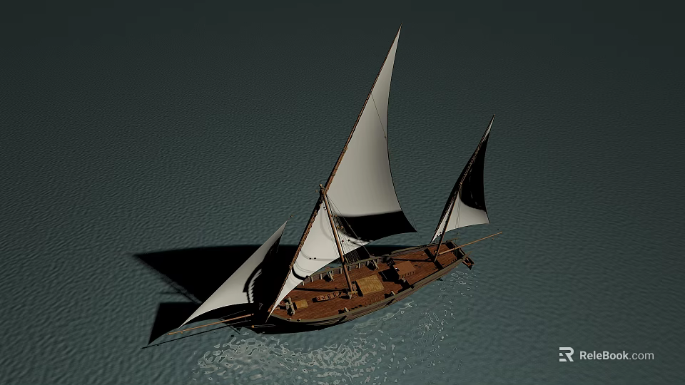 Traditional Wooden Boat With White Sails Floating On Calm Water 3d model 