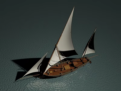 Traditional Wooden Boat With White Sails Floating On Calm Water 3d model