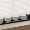 Traditional Tea Set With Black Tray Three Porcelain Cups And Teapot On Window Sill