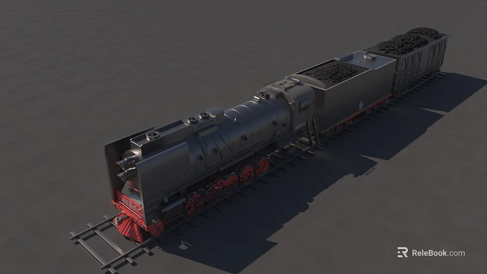Vintage Black Steam Train With Red Wheels And Coal Cars On Railway Tracks 3d model 