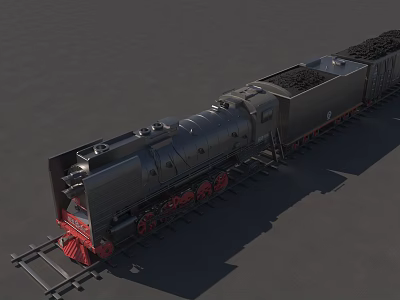 Vintage Black Steam Train With Red Wheels And Coal Cars On Railway Tracks 3d model