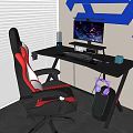 Gaming Computer Setup with Ergonomic Gaming Chair RGB Lighting Monitor and Blue Geometric Wall Decor