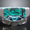 Advanced Computer Control Station With Multiple Blue Holographic Screens And Futuristic Interface