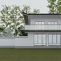 Chinese Style Two Story Detached Villa With Large Windows Wooden Terrace And Stone Courtyard