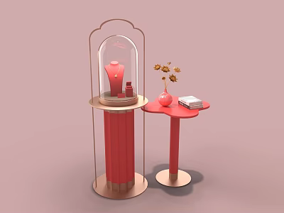 Elegant Jewelry Store Display With Glass Case Red Cabinet And Flower Vase 3d model