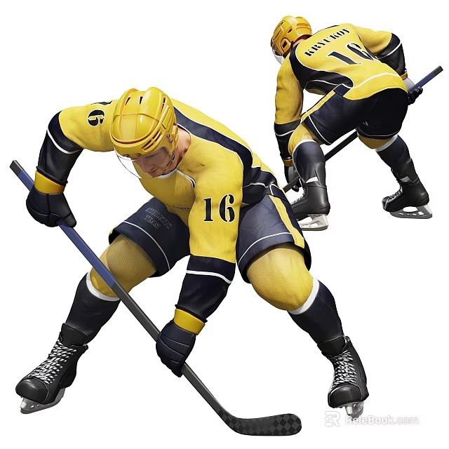 Hockey Player in Yellow Jersey Number 16 Holding Hockey Stick and Ice Skates 3d model 