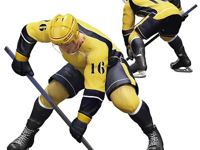 Hockey Player in Yellow Jersey Number 16 Holding Hockey Stick and Ice Skates 3d model