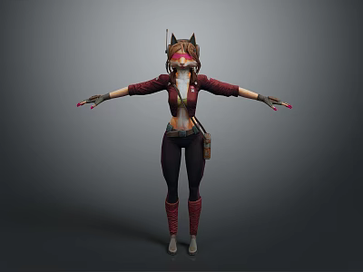 Cat Ear Headgear Figure In Red Jacket Black Pants With Arms Outstretched On Gray Background 3d model
