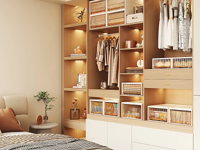 Modern Wooden Closet Interior With Hanging Clothes Drawers Storage Boxes And Lighting 3d model