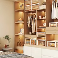 Modern Wooden Closet Interior With Hanging Clothes Drawers Storage Boxes And Lighting