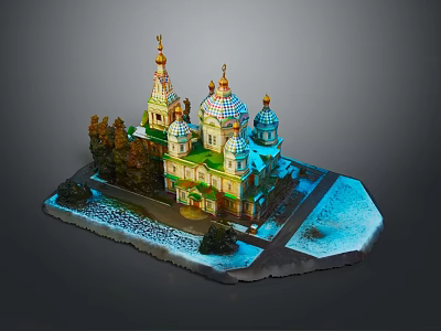 Church Building With Colorful Domes Green Walls Golden Spires And Trees 3d model