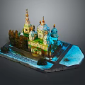 Church Building With Colorful Domes Green Walls Golden Spires And Trees