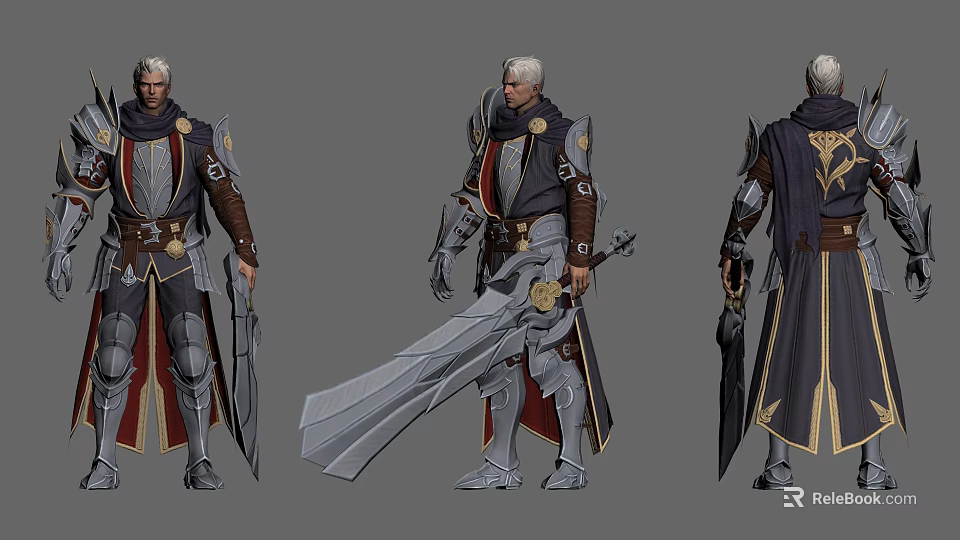 Detailed Man Warrior Character In Armor With Sword And Cloak Three Views 3d model 