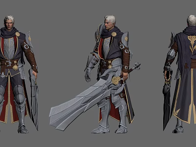 Detailed Man Warrior Character In Armor With Sword And Cloak Three Views 3d model