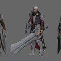 Detailed Man Warrior Character In Armor With Sword And Cloak Three Views