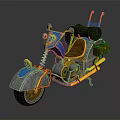 Vintage Blue And Silver Motorcycle With Gold Accents Brown Seat And Green Cargo Rack