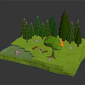 Cartoon Forest Scene With Green Pine Trees Orange Leaf Tree Small River Campfire And Stones